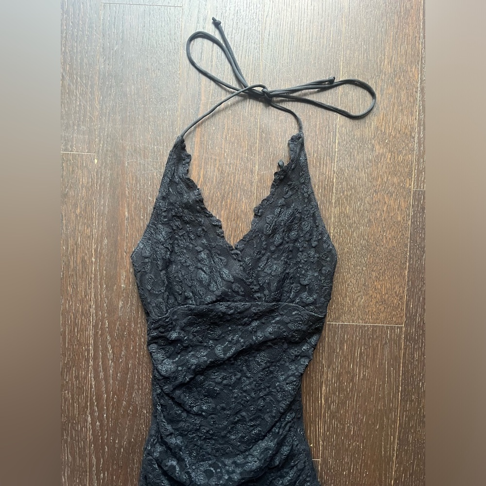 Vintage Black lace halter tie-up asymmetrical evening dress XS - Picture 2 of 15